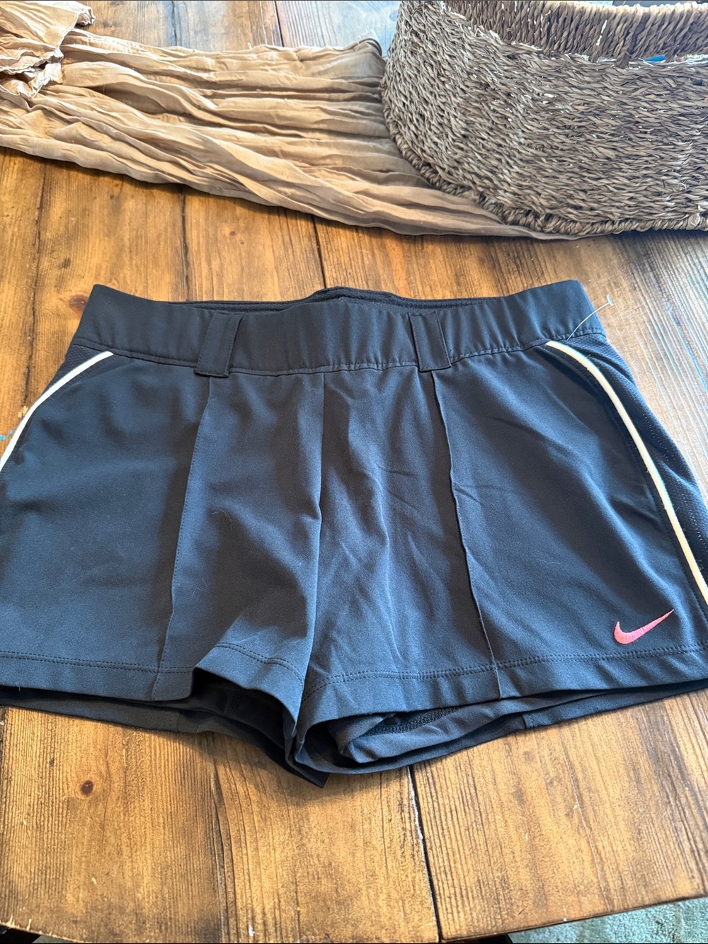 Nike Women’s Black Athletic Shorts with Pink Swoosh and White Trim